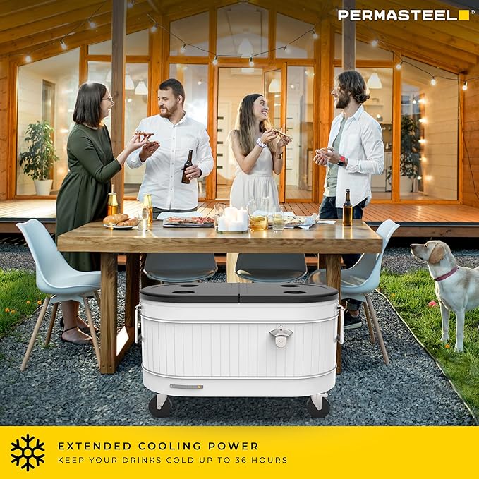 Permasteel Rolling Patio Cooler – Large Outdoor Ice Chest with Wheels, Beverage Cooler for Backyard, BBQ, Tailgate, Beach, Parties, Rustic Farmhouse Design