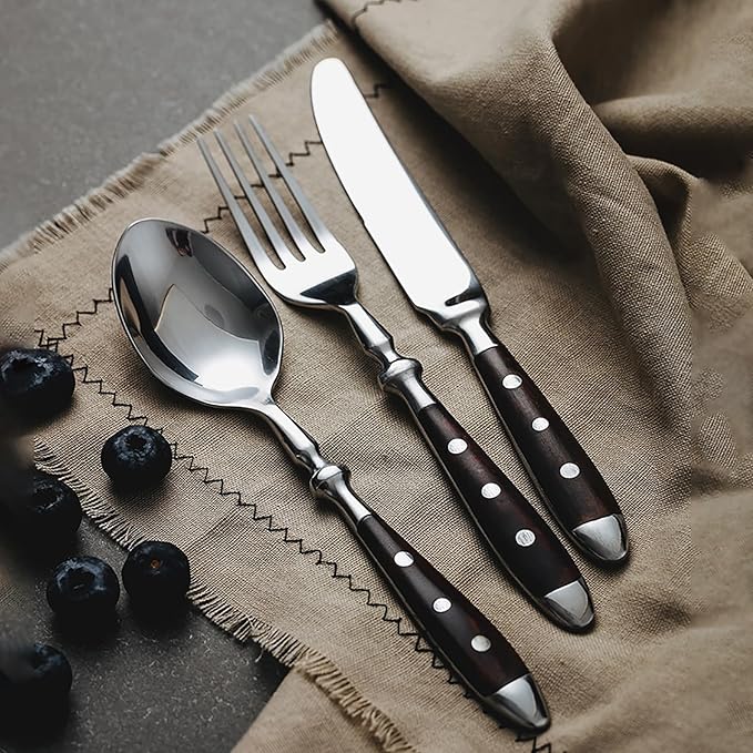 30-piece wooden handle silverware set for 6, premium stainless steel flatware set, retro brown utensils cutlery set, mirror finished forks spoons and knives set, dishwasher Safe