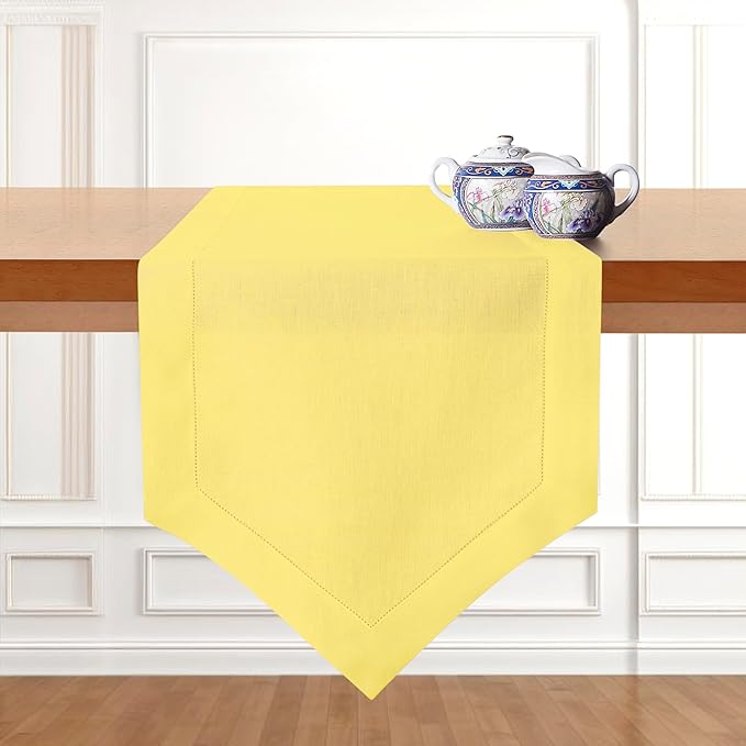 D'Moksha Homes Lemon Yellow Linen Table Runner 108 Inches Long - 100% Pure Linen Diamond Table Runner 14 x 108 Inch for Dining, Winter, Christmas, Holiday, New Year - Machine Washable