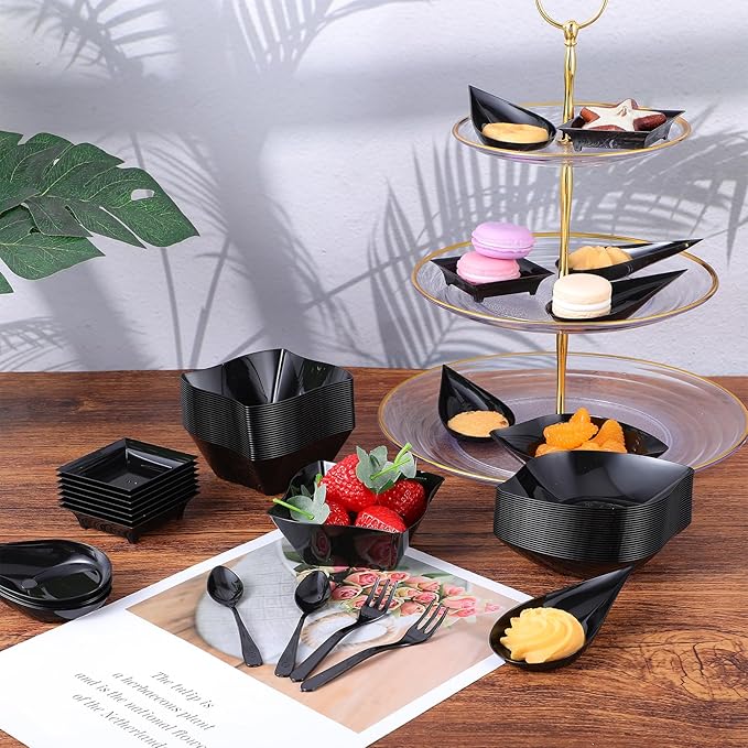 200 Pcs Mini Dessert Plates with Spoons and Forks Disposable Appetizer Plates Set Assorted Shape Dessert Bowls And Serving Trays Plastic Party Plate For Desserts Appetizer Tasting Wedding Events