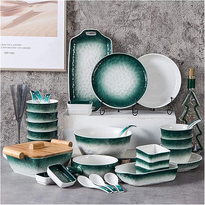 Dinnerware Set Dinner Party Tableware Service Set 51pcs of Nordic Bone China Dinner Bowl Set Porcelain Bowl and Plate White Green Stone Texture High-end Ceramic Bowl and Saucer