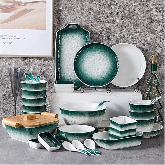 Dinnerware Set Dinner Party Tableware Service Set 51pcs of Nordic Bone China Dinner Bowl Set Porcelain Bowl and Plate White Green Stone Texture High-end Ceramic Bowl and Saucer