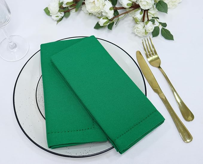 PurpleEssences Set of 12 Hemstitch Cloth Dinner Napkins 100% Cotton - Soft Durable Washable - Ideal for Wedding St Patricks Day - Perfect Everyday Use Table Linen 18x18 - St Patricks Green