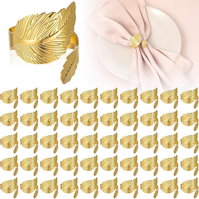50 Pcs Gold Napkins Rings Bulk, Wedding Napkin Rings Set with Elegant Leaf Design, Premium Gold Napkin Holders for Thanksgiving Christmas Party Table Decor