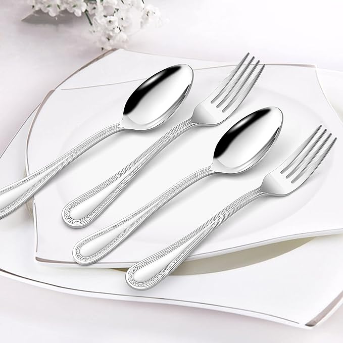 HaWare 24-Piece Forks and Spoons Silverware set, Stainless Steel Flatware with Pearled Edge for Home/Kitchen, Include 12 Dinner Forks(7.9in) and 12 Dinner Spoons(7.9in), Dishwasher Safe