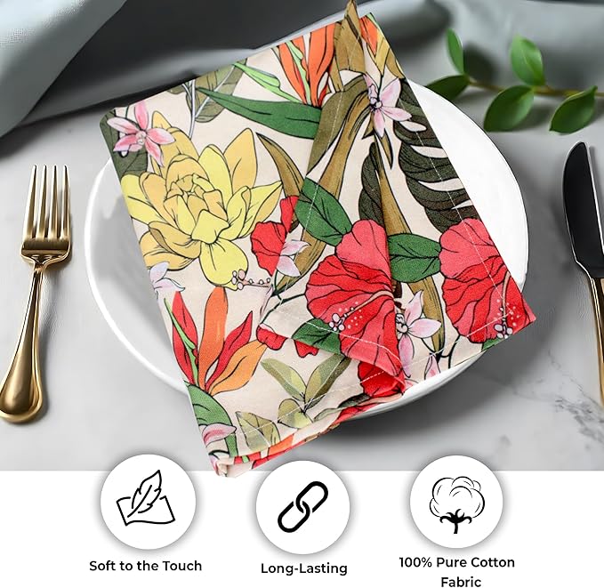 Urban Villa Cloth Napkins 100% Cotton Dinner Napkins Highly Absorbent 20x20 Inches (Set of 12) Hibiscus Print Reusable Washable Soft Durable Premium Napkins Ideal for Home Wedding Parties