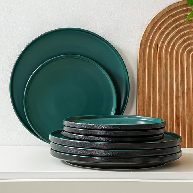 Plates and Bowls Sets, 12 Piece Ceramic Dinnerware Set for Family and Gatherings, Dishes Set for 4, Dishwasher & Microwave Safe, Handcrafted Stoneware Sets, Modern Green