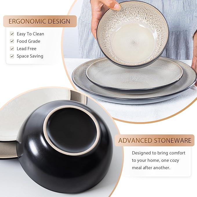 Plates and Bowls Sets for 6 - CJDC-QUELO 24-Piece Stoneware Dinnerware Sets, Ceramic Dishware Set for Indoor Kitchen Use and Formal Dining, Chip and Scratch Resistant Microwave Dishwasher Safe, Brown