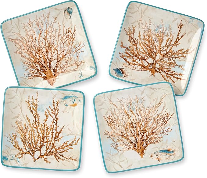 Escape to the Sea 6-Inch Canape Plates, Set of 4, Coastal Seashell & Coral Design, Durable Ceramic, Lightweight & Dishwasher Safe, Elegant Ocean-Inspired Plates for Appetizers & Desserts