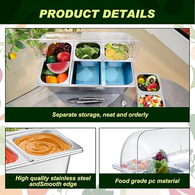 Tessco for you 16 Pcs Ice Food Spice Serving Display Countertop Chilled Condiment Container Set with Lid, Stainless Steel Salad Cold Caddy for Buffet Restaurant Kitchen Party(5 Compartments)