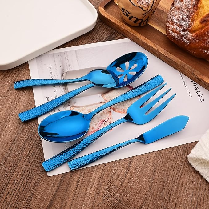 Serving Utensils Set, 5-Piece 18/8 Stainless Steel Hostess Serving Set, Elegant Hammered Serving Utensils for Home Restaurant and Buffet Catering, Heavy and Mirror Polished, Blue