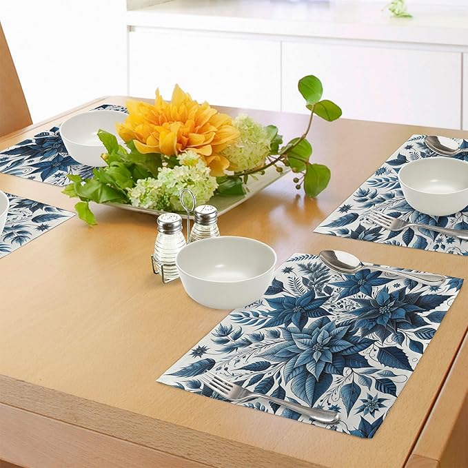 Ambesonne Christmas Place Mats Set of 8, Monochromatic Poinsettia Flowers Xmas Theme Illustration Print, Washable Fabric Placemats for Dining Table, Placemat 8 pcs, Night Blue and Dark Sky Blue