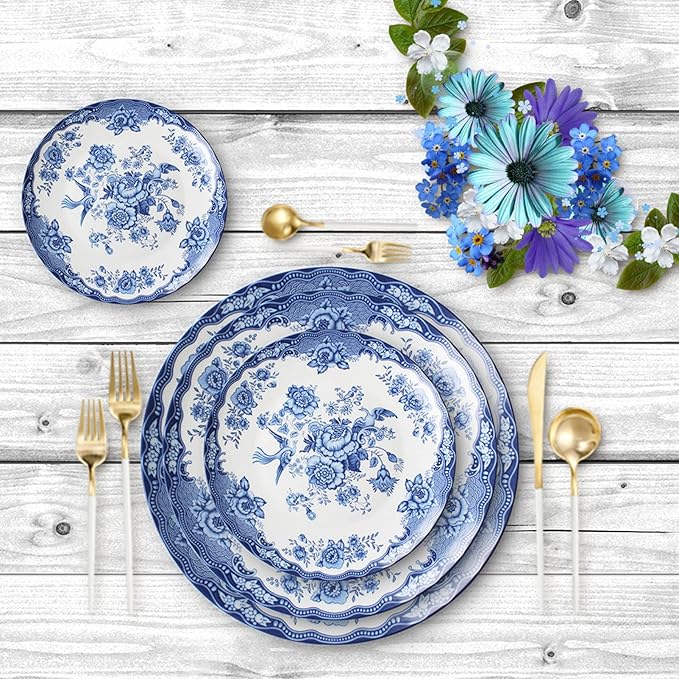 Blue and White Porcelain Dinnerware Sets for 4 New Bone China Ceramic Dinner Plates Set 16 Piece Home Kitchen Dish Set Tableware for Celebration Wedding Family Gathering Christmas
