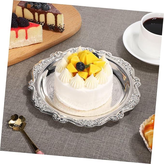 OUNONA Vintage Wrought Iron Snack Serving Tray Silver Dessert Platter for Home Parties Multifunctional Jewelry Dish Holder Elegant Fruit and Appetizer Plate