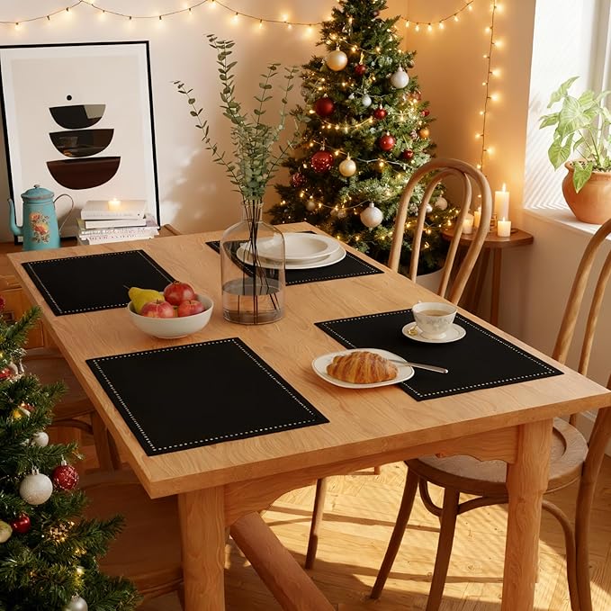 Encasa XO Placemats Set of 4 | Cotton Hemstitched Design | Black | Rectangular 19"x13" - Dining Table Mat | for Dining Table Fall Decoration, Holiday & Christmas Festivals - Machine Washable