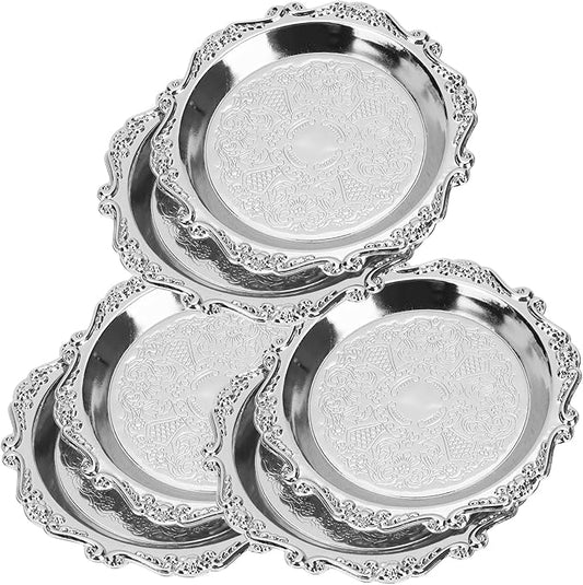 6pcs Serving Tray Set, 4in Small Vintage Decorative Round Metal Platters, Reusable Serving Dishes Party Appetizer Tray for Snack Fruit Sushi Buffet, Silver
