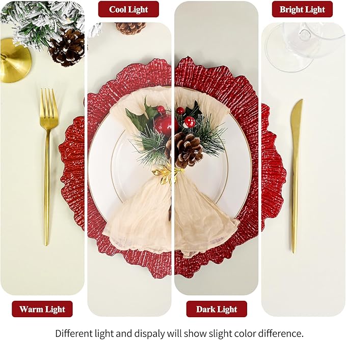 24 Pack Red Charger Plates Bulk, 13" Plastic Reef Chargers for Dinner Plates, Round Charger Plate with Floral Reef Design for Dinner Wedding Party Table Setting Decoration