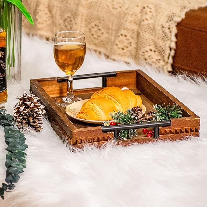 Wooden Serving Trays with Metal Handles Vintage Ottoman Tray 15 X 11 Wooden Retro Decorative Trays with Geometric Beads for Coffee Table & Home Decor (1 Pack)