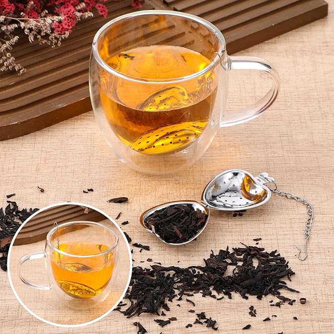 50 Pcs Stainless Steel Heart Shaped Tea Infuser, Loose Leaf Steeper with Mesh Filter and Extended Chain Hook for Cup Bottle Tea Party, Silver
