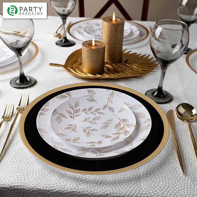 PARTY BARGAINS 13-Inch Charger Plates - 16 Pack, Black Gold Rim, Heavy-Duty Disposable Chargers for Elegant Dining - Ideal for Weddings and Formal Events