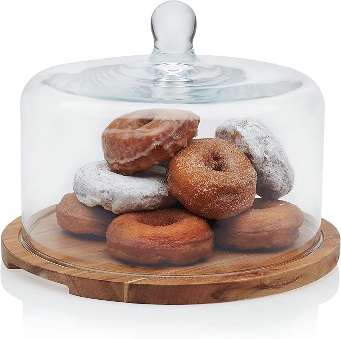 Libbey Acaciawood Flat Round Wood Server with Glass Dome