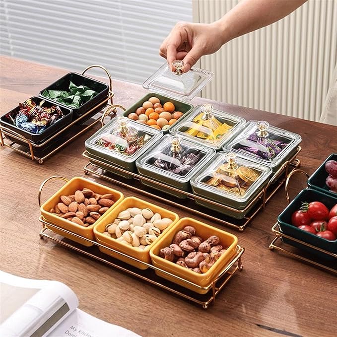 Divided Spice Plate with Lid, Metal Tray, Removable Compartment, Dipping Bowls for Appetizers, Fruit, Ice Cream, Sweets, Nuts, Snacks, Chips, Dip Bowls, Ceramic Sauce Plates (Colour: B)