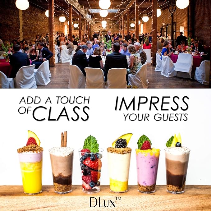 DLux 100 x 3oz Mini Dessert Cups with Lids & Spoons, Shooter - Clear Plastic Parfait Appetizer Cup - Small Reusable Cups for Tasting Party Desserts Appetizers - With Recipe Ebook