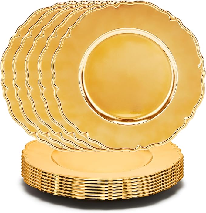 12 PCS Bulk Gold Charger Plates 13 Inch, Round Plastic Event Chargers for Dinner Plates, Elegant Table Decor for Wedding Reception, Birthday, Anniversary Celebrations