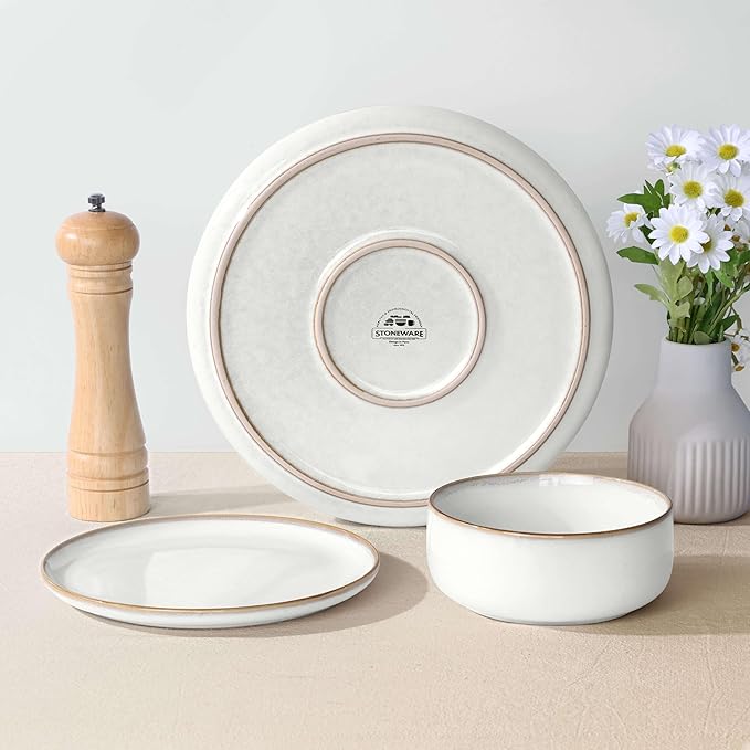 Herogo 6 Pieces Stoneware Dinnerware Dishes Sets for 2, Kitchen Handmade Dining Plates and Bowls Sets, Double Reactive Glaze, Microwave & Dishwasher Safe, Scratch Resistant, Ivory White