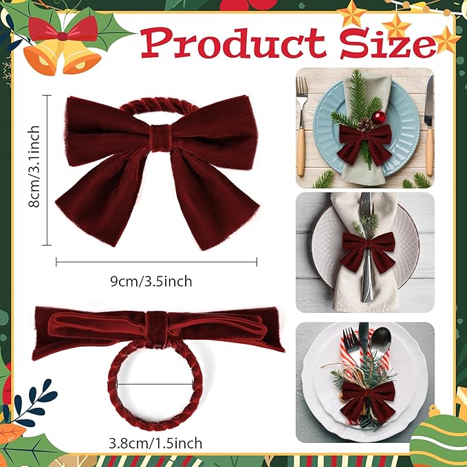 12 Pcs Burgundy Christmas Bow Napkin Rings,Chic Xmas Velvet Napkin Ring Holders for Holiday Serviette Birthday Anniversary Party Dinner Wedding Dining Tableware Decoration