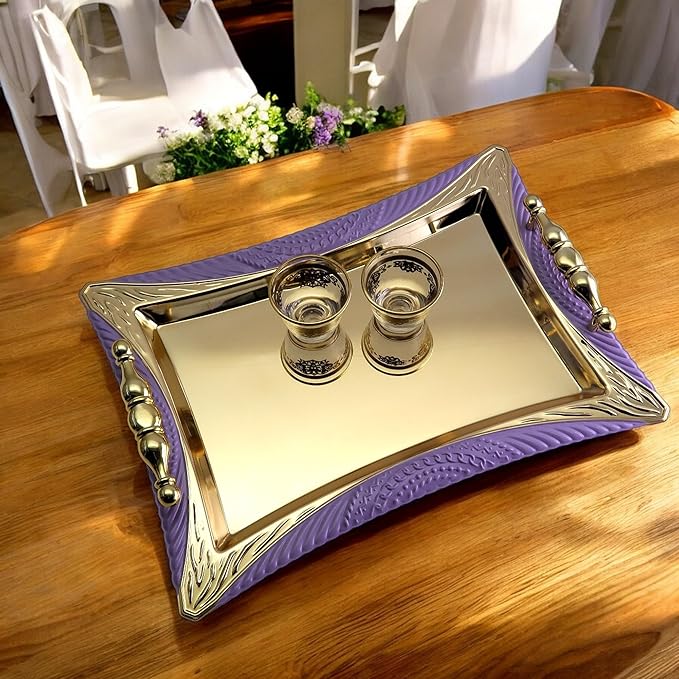 (Pack of 2) 14.2 Inch x 10.4 Inch Rectangular Star Shape Iron Gold Gray Purple Plated Serving Tray with Handles Purple Edge Floral Engraved Decorative Birthday Platter Plate CC-399