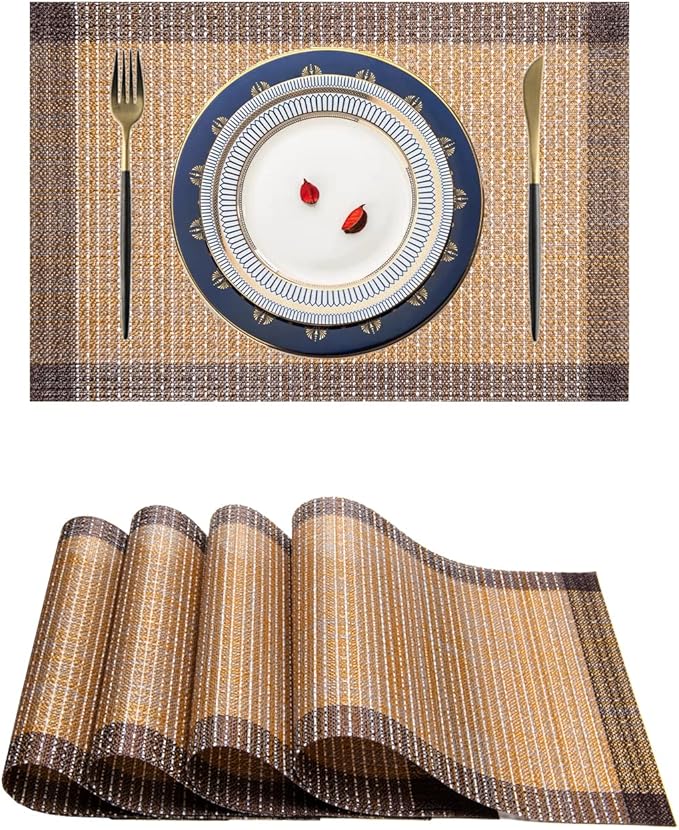 Placemats,PlasticVinyl Washable Heat-Resistant Durable PVC Non-Slip Woven for Kitchen Dining Table Mats (Set of 4, Coffee Gold Silver)