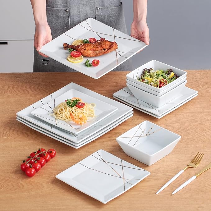 DOMINI 12-Piece Kitchen Dinnerware Set, Service for 4, Porcelain Dishes Dinner Set, Square Dinnerware Sets with Dinner Plates, Dessert Plates and Pasta Bowls,White gold line