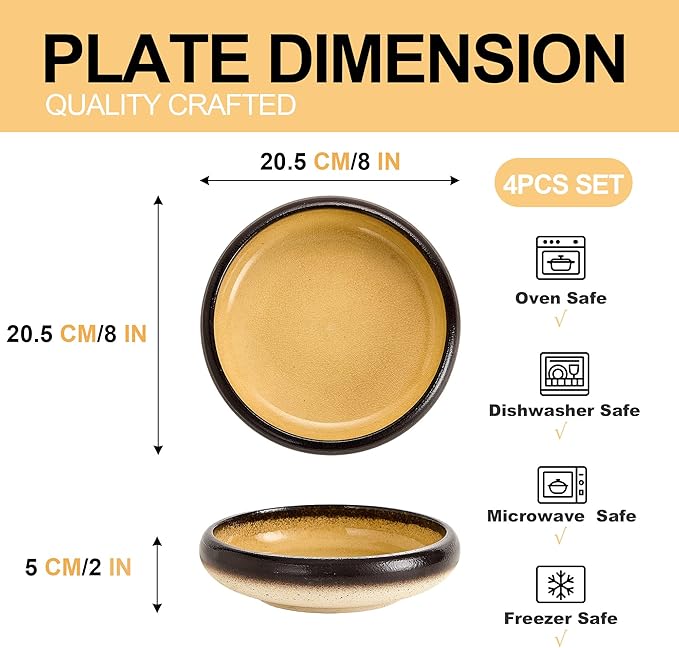 Ceramic Pasta Bowls Set of 4, 8 Inch Porcelain Salad Bowl Serving Plates, Stoneware Dinner Plates Set for 4, Handmade Round Dishes for Home Decor, Microwave,Oven,and Dishwasher Safe, Yellow
