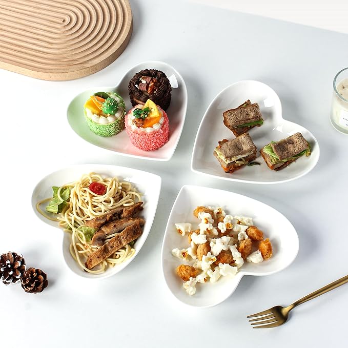 10 Pack Ceramic Appetizer & Dessert Plates, 7.5 Inch White Heart Shape Plates for Elegant Dessert Display, Lightweight Small Lunch Plate, Oven, Dishwasher & Microwave Safe