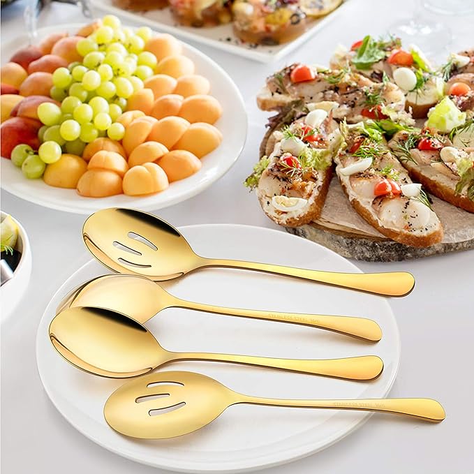 LIANYU 8-Piece Large Gold Serving Spoons and Slotted Utensils, 9.8Inch Stainless Steel for Party Buffet Restaurant Banquet Dinner Catering, Dishwasher Safe
