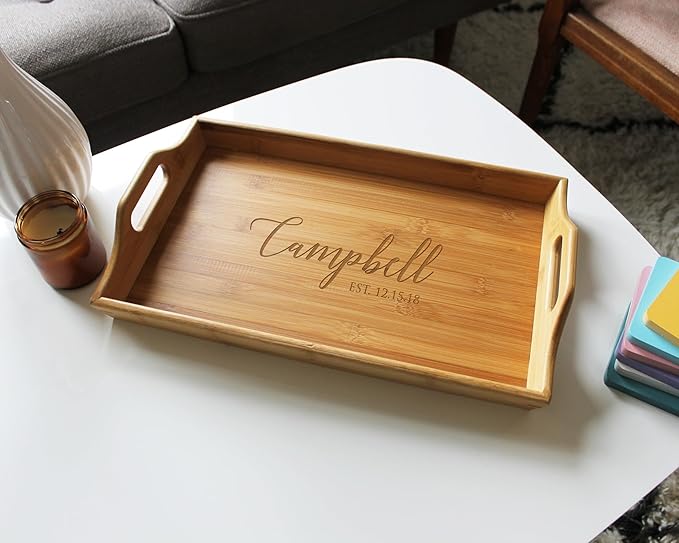 Personalized Bamboo Wood Serving Tray with Handles, Engraved Wooden Trays, Wedding Gifts, Housewarming Gifts (3 Letter Monogram)
