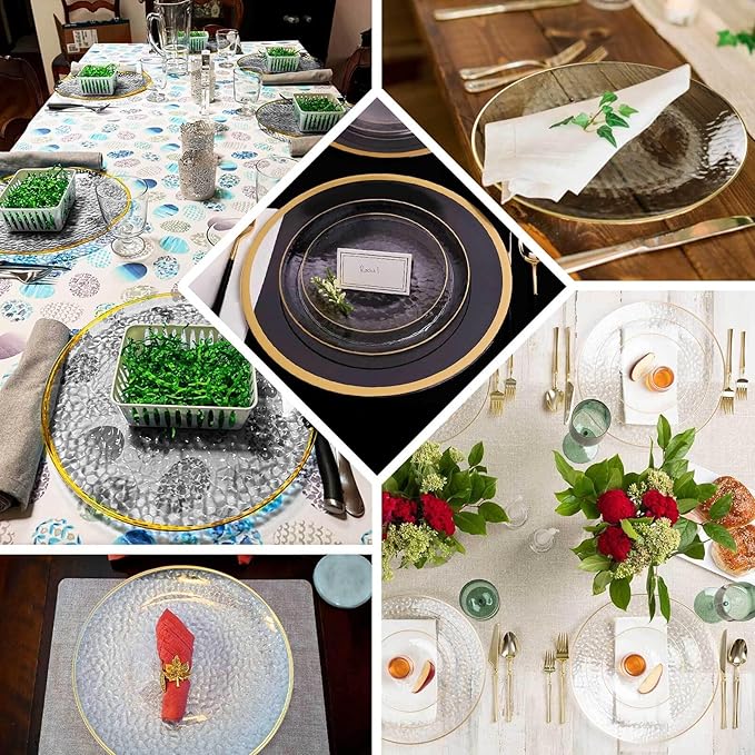 Efavormart 10 Pack Glitter Gold Clear Hammered Plastic Charger Plates, Round Disposable Serving Plates With Gold Rim - 13"