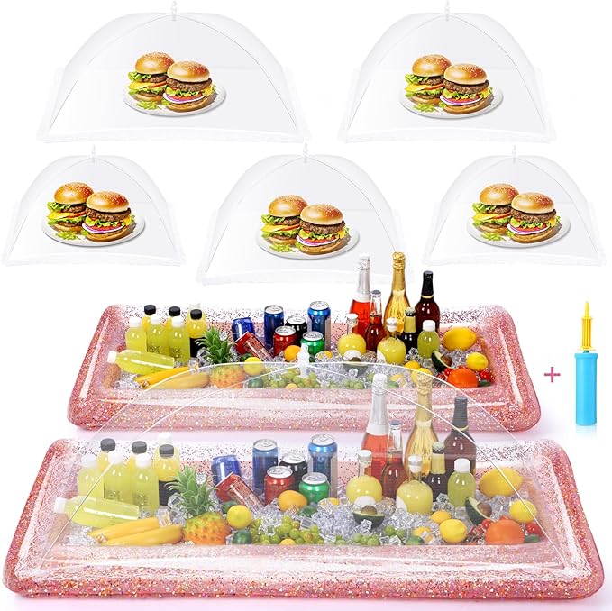 8 Pcs Glitter Inflatable Serving Bar Kit Includes 2 Salad Buffet Tray with Drain Plug 5 Mesh Food Cover 1 Inflator Inflatable Food Drink Containers for Outdoors Pool Party Camping(Rose Gold)