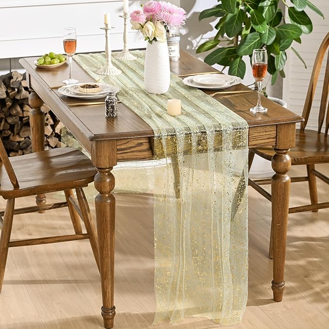 Artoid Mode Sage Green Gold Gauze Table Runner 59x120 Inch 10FT, Glitter Metallic Foil Sheer Dining Wedding Anniversary Holiday Birthday Table Decor for Home Party