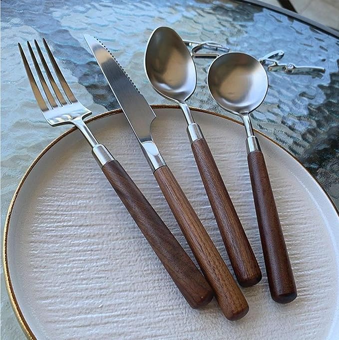 8-piece wooden handle silverware set service for 2 people, flatware set, cutlery sets, utensil set, 18/8 stainless steel home use hotel banquets Wooden Handle Spoons And Forks Set