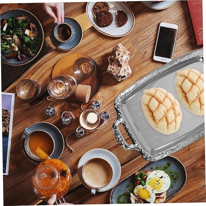 DOITOOL Vintage Silver Serving Tray Metal Decorative Tray for Serving Food Condiments Fruit, Rectangular Tableware for Kitchen Dining Living Room, 15. 35 X 9. 05 Inch