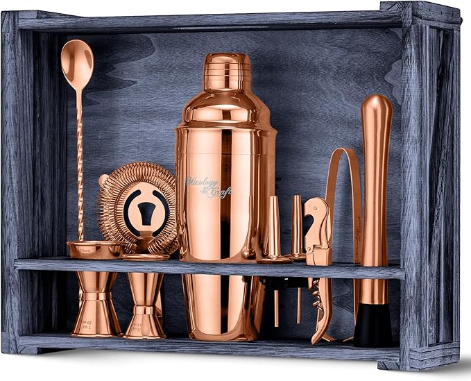 Mixology & Craft 11-Piece Cocktail Shaker Set with Wood Stand | Complete Cocktail Kit Gift Set | Top Bartender Gifts for Men & Women | Leak-Proof Tools (Copper)