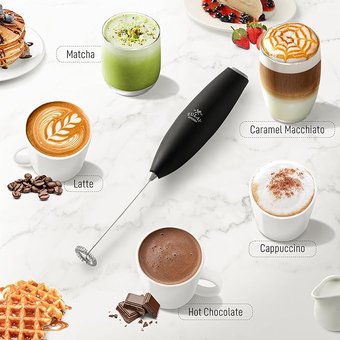 Zulay Kitchen Milk Frother Handheld Electric Whisk with AA Duracell Batteries – Durable Drink Mixer for Coffee, Lattes, Cappuccinos & More - Black
