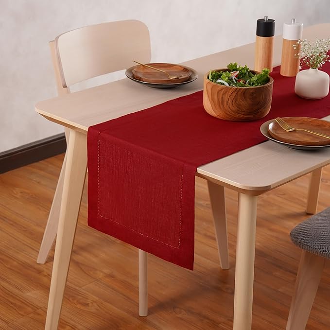Home Ekaa 100% Linen Red Table Runner 14 x 72 Inch Long -Washable Cloth Fabric Hemstitch Runner for Christmas, Fall, Winter, Holiday & New Year - Elara