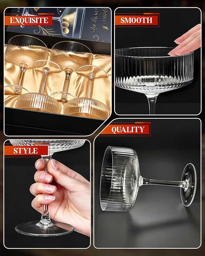 Evoio Martini Coupe Glasses Set of 4 | 10 oz Elegant Ribbed Vintage Cocktail Glasses, Premium Crystal Glass for Champagne, Espresso Martini, Desserts | Perfect for Gifts & Entertaining