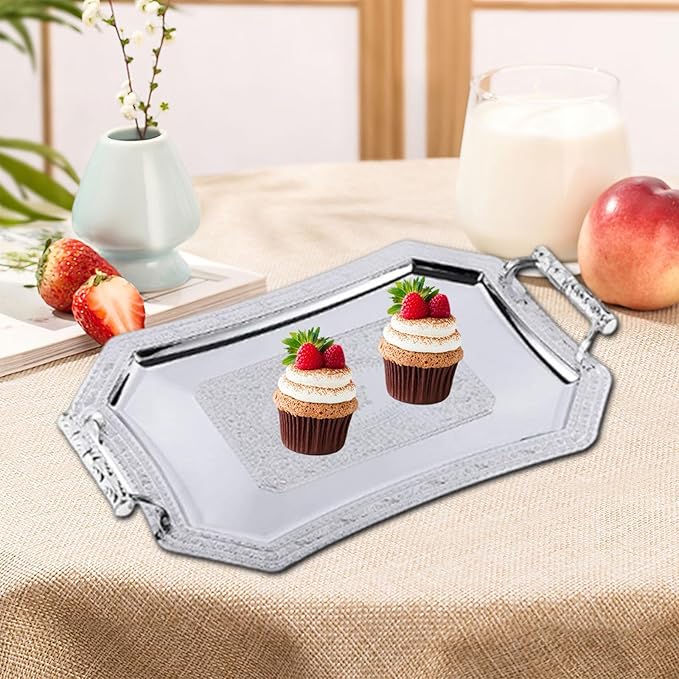 Serving Tray Ornament Stainless Steel Gifts Platter Dinner Tray for Weddings Holiday, Silver