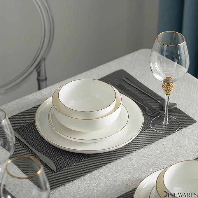 Perlaceo Luxurious Collection of 12-Piece White with Gold Rim Bone China Dinnerware Set - Lightweight and Durable - Service for 4, Including Dinner Plates, Salad Plates, and Cereal or Soup Bowls