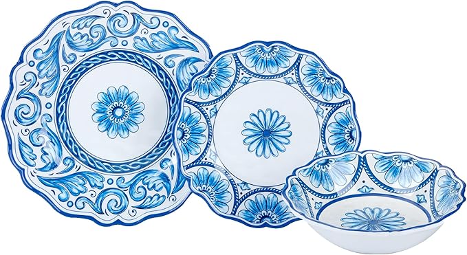 Veranda Melamine 12-Piece Dinnerware Set, Service for 4 – Includes Dinner Plates, Salad Plates, and Bowls – Elegant Blue and White for Everyday Use, Indoor/Outdoor Dining, and Entertaining