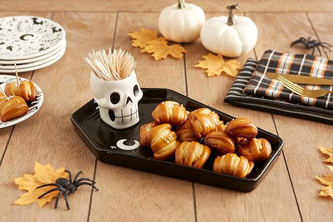 DII Halloween Appetizer Plates, 7 inch Porcelain, Set of 4, Black and White Spooky Design